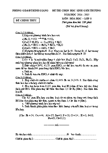Đề thi chọn học sinh giỏi trường môn Hóa học Lớp 8 - Năm học 2014-2015  - Phòng GD&ĐT Bình Giang (Kèm hướng dẫn chấm)