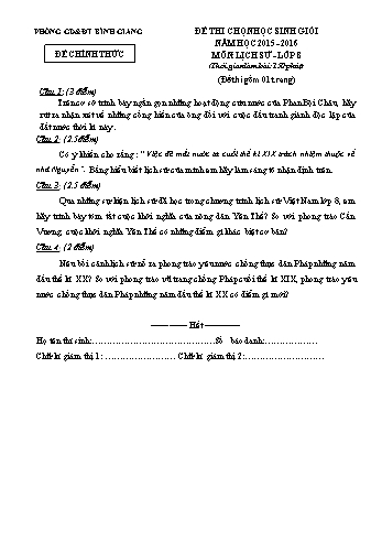 Đề thi chọn học sinh giỏi trường môn Lịch sử Lớp 8 - Năm học 2015-2016 - Phòng GD&ĐT Bình Giang (Kèm hướng dẫn chấm và biểu điểm)