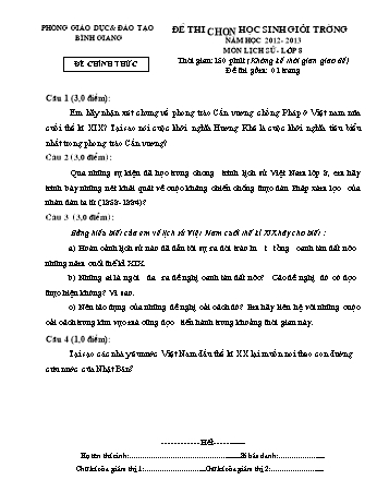 Đề thi chọn học sinh giỏi trường môn Lịch sử Lớp 8 - Năm học 2012-2013 - Phòng GD&ĐT Bình Giang (Kèm hướng dẫn chấm)