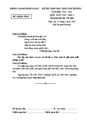 Đề thi chọn học sinh giỏi trường môn Ngữ văn Lớp 8 - Năm học 2013-2014 - Phòng GD&ĐT Bình Giang