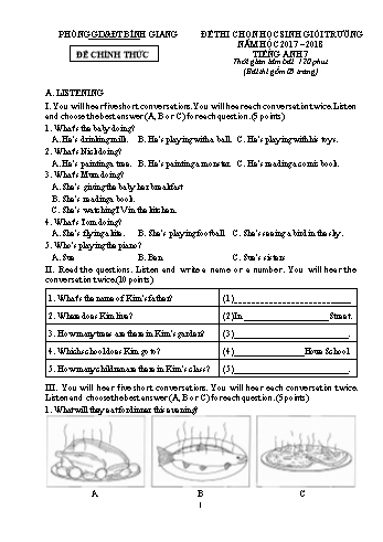 Đề thi chọn học sinh giỏi trường môn Tiếng Anh Lớp 7 - Năm học 2017-2018 - Phòng GD&ĐT Bình Giang