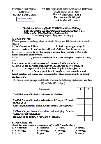 Đề thi chọn học sinh giỏi trường môn Tiếng Anh Lớp 8 - Năm học 2014-2015 - Phòng GD&ĐT Bình Giang (Kèm hướng dẫn chấm và biểu điểm)