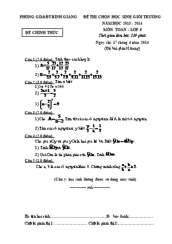 Đề thi chọn học sinh giỏi trường môn Toán Lớp 6 - Năm học 2013-2014 - Phòng GD&ĐT Bình Giang