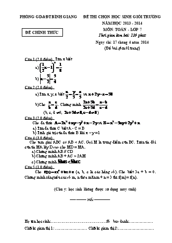 Đề thi chọn học sinh giỏi trường môn Toán Lớp 7 - Năm học 2013-2014 - Phòng GD&ĐT Bình Giang