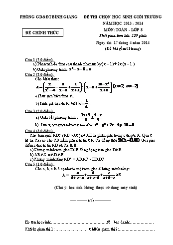 Đề thi chọn học sinh giỏi trường môn Toán Lớp 8 - Năm học 2013-2014 - Phòng GD&ĐT Bình Giang