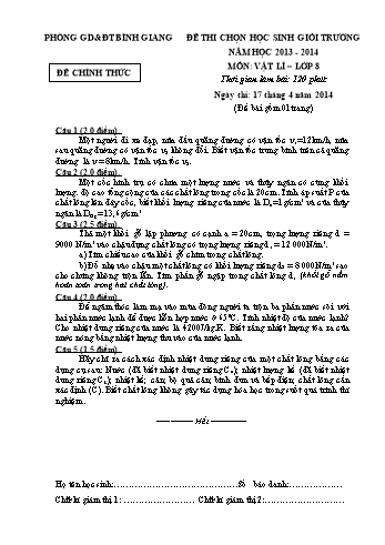 Đề thi chọn học sinh giỏi trường môn Vật lí Lớp 8 - Năm học 2013-2014 - Phòng GD&ĐT Bình Giang