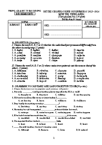 Đề thi chọn học sinh giỏi vòng 1 môn Tiếng Anh Lớp 9 - Năm học 2013-2014 - Phòng GD&ĐT TP Hải Dương (Kèm hướng dẫn chấm)