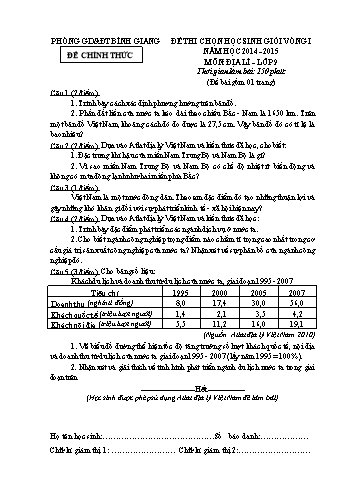 Đề thi chọn học sinh giỏi vòng I môn Địa lí Lớp 9 - Năm học 2014-2015 - Phòng GD&ĐT Bình Giang (Có đáp án)