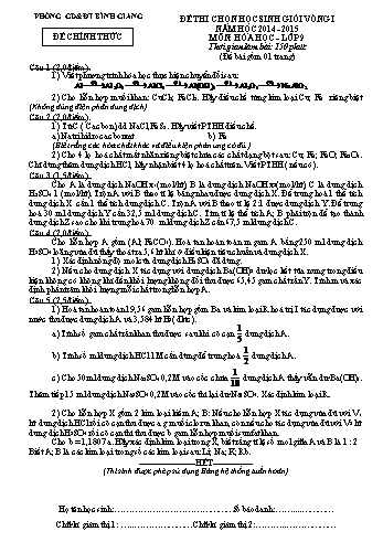 Đề thi chọn học sinh giỏi vòng I môn Hóa học Lớp 9 - Năm học 2014-2015 - Phòng GD&ĐT Bình Giang (Có đáp án)