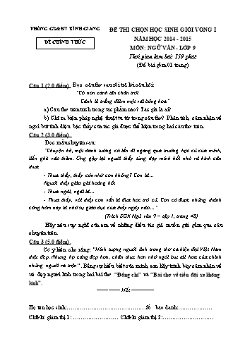 Đề thi chọn học sinh giỏi vòng I môn Ngữ văn Lớp 9 - Năm học 2014-2015 - Phòng GD&ĐT Bình Giang (Có đáp án)