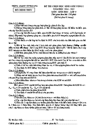 Đề thi chọn học sinh giỏi vòng I môn Sinh học Lớp 9 - Năm học 2014-2015 - Phòng GD&ĐT Bình Giang (Có đáp án)