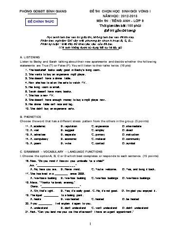 Đề thi chọn học sinh giỏi vòng I môn Tiếng Anh Lớp 9 - Năm học 2012-2013 - Phòng GD&ĐT Bình Giang (Có đáp án)