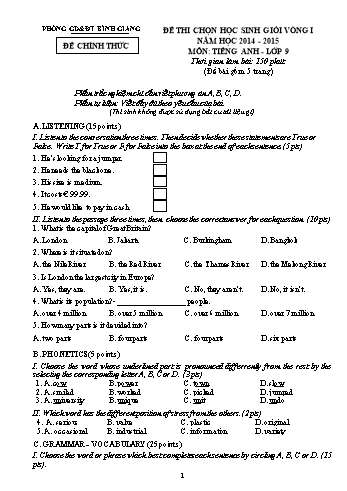 Đề thi chọn học sinh giỏi vòng I môn Tiếng Anh Lớp 9 - Năm học 2014-2015 - Phòng GD&ĐT Bình Giang (Có đáp án)
