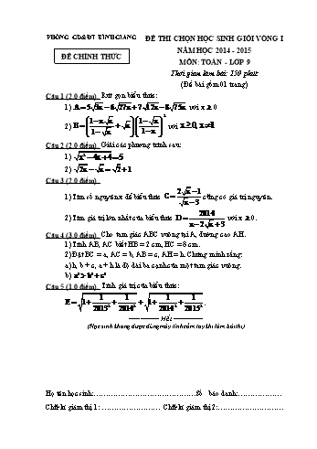 Đề thi chọn học sinh giỏi vòng I môn Toán Lớp 9 - Năm học 2014-2015 - Phòng GD&ĐT Bình Giang (Có đáp án)