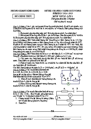 Đề thi chọn học sinh giỏi vòng I môn Vật lí Lớp 9 - Năm học 2014-2015 - Phòng GD&ĐT Bình Giang (Có đáp án)