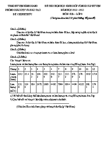 Đề thi chọn học sinh giỏi vòng II cấp huyện môn Địa lí Lớp 8 - Năm học 2012-2013 - Phòng GD&ĐT Bình Giang (Có đáp án và biểu điểm)