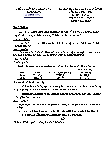 Đề thi chọn học sinh giỏi vòng II môn Địa lí Lớp 9 - Năm học 2012-2013 - Phòng GD&ĐT Bình Giang (Kèm hướng dẫn chấm)