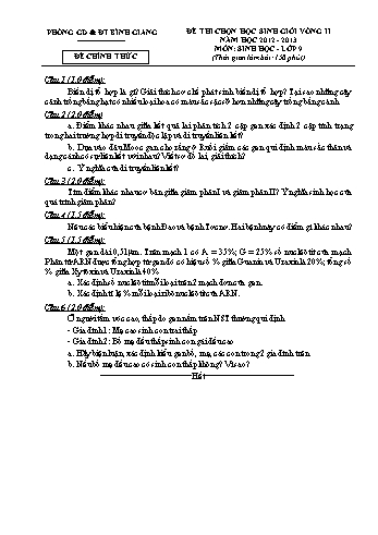 Đề thi chọn học sinh giỏi vòng II môn Sinh học Lớp 9 - Năm học 2012-2013 - Phòng GD&ĐT Bình Giang (Kèm hướng dẫn chấm)
