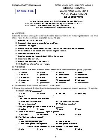 Đề thi chọn học sinh giỏi vòng II môn Tiếng Anh Lớp 9 - Năm học 2012-2013 - Phòng GD&ĐT Bình Giang (Kèm hướng dẫn chấm)