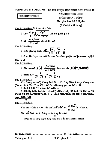 Đề thi chọn học sinh giỏi vòng II môn Toán Lớp 9 - Năm học 2014-2015 - Phòng GD&ĐT Bình Giang (Có đáp án)