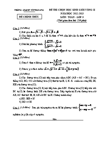 Đề thi chọn học sinh giỏi vòng II môn Toán Lớp 9 - Năm học 2012-2013 - Phòng GD&ĐT Bình Giang (Có đáp án và biểu điểm)