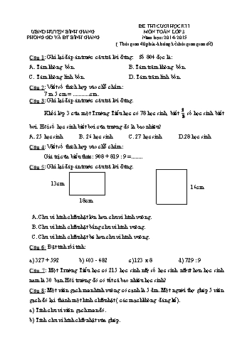 Đề thi cuối học kì I môn Toán Lớp 3 - Năm học 2014-2015 - Phòng GD&ĐT Bình Giang (Có đáp án)