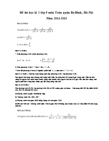 Đề thi học kì 2 môn Toán Lớp 9 - Năm học 2014-2015 - Quận Ba Đình, Hà Nội