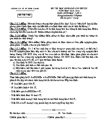 Đề thi học sinh giỏi cấp huyện môn Sinh học Lớp 9 - Năm học 2015-2016 - Phòng GD&ĐT Bình Giang (Có đáp án)