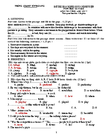 Đề thi học sinh giỏi cấp huyện môn Tiếng Anh Lớp 7 - Năm học 2014-2015 - Phòng GD&ĐT Bình Giang (Kèm hướng dẫn chấm)