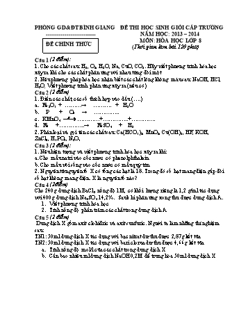 Đề thi học sinh giỏi cấp môn Hóa học Lớp 8 - Năm học 2013-2014 - Phòng GD&ĐT Bình Giang (Có đáp án)