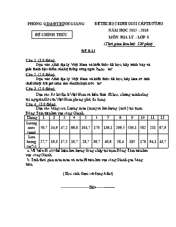 Đề thi học sinh giỏi cấp trường môn Địa lý Lớp 8 - Năm học 2015-2016 - Phòng GD&ĐT Bình Giang (Có đáp án)
