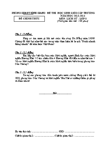 Đề thi học sinh giỏi cấp trường môn Lịch sử Lớp 8 - Năm học 2013-2014 - Phòng GD&ĐT Bình Giang (Có đáp án)