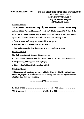 Đề thi học sinh giỏi cấp trường môn Ngữ văn Lớp 7 - Năm học 2014-2015 - Phòng GD&ĐT Bình Giang (Kèm hướng dẫn chấm)