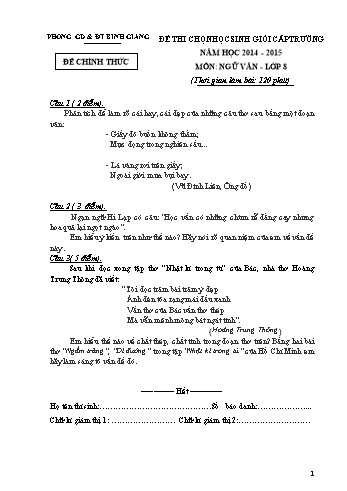 Đề thi học sinh giỏi cấp trường môn Ngữ văn Lớp 8 - Năm học 2014-2015 - Phòng GD&ĐT Bình Giang (Có hướng dẫn chấm)