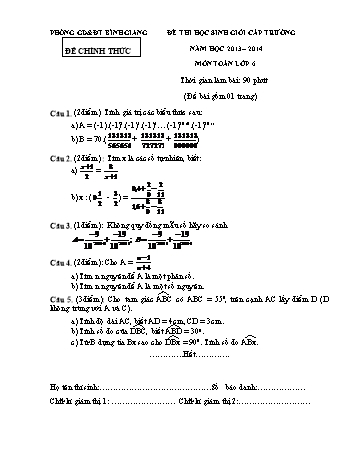 Đề thi học sinh giỏi cấp trường môn Toán Lớp 6 - Năm học 2013-2014 - Phòng GD&ĐT Bình Giang (Có đáp án)