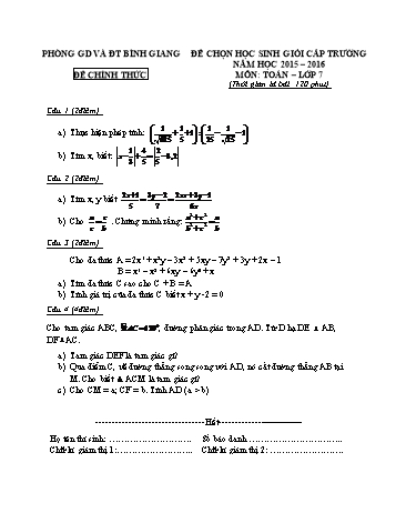 Đề thi học sinh giỏi cấp trường môn Toán Lớp 7 - Năm học 2015-2016 - Phòng GD&ĐT Bình Giang (Có đáp án)