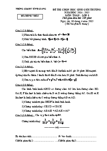 Đề thi học sinh giỏi cấp trường môn Toán Lớp 8 - Năm học 2014-2015 - Phòng GD&ĐT Bình Giang (Kèm hướng dẫn chấm)