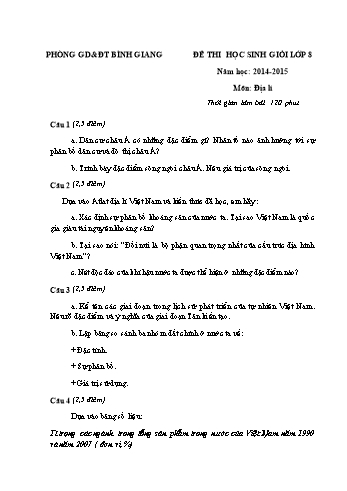 Đề thi học sinh giỏi môn Địa lí Lớp 8 - Năm học 2014-2015 - Phòng GD&ĐT Bình Giang (Có đáp án)