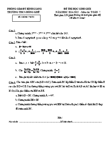 Đề thi học sinh giỏi môn Toán Lớp 7 - Năm học 2014-2015 - Trường THCS Hồng Khê (Có đáp án và biểu điểm)