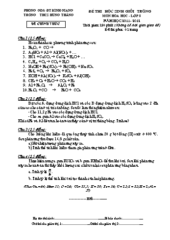 Đề thi học sinh giỏi trường môn Hóa học Lớp 8 - Năm học 2011-2012 - Trường THCS Hùng Thắng (Kèm hướng dẫn chấm)