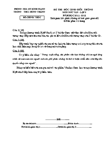Đề thi học sinh giỏi trường môn Ngữ văn Lớp 8 - Năm học 2011-2012 - Trường THCS Hùng Thắng (Có đáp án)