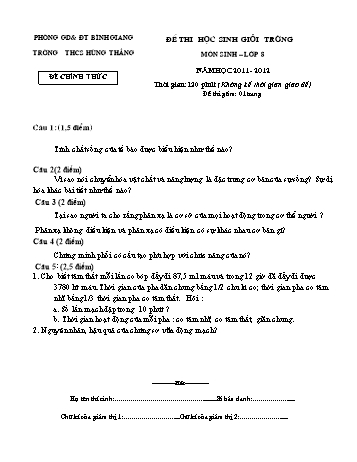 Đề thi học sinh giỏi trường môn Sinh học Lớp 8 - Năm học 2011-2012 - Trường THCS Hùng Thắng (Có đáp án)
