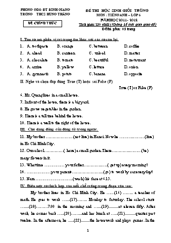 Đề thi học sinh giỏi trường môn Tiếng Anh Lớp 6 - Năm học 2011-2012 - Trường THCS Hùng Thắng (Có đáp án)
