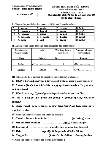 Đề thi học sinh giỏi trường môn Tiếng Anh Lớp 7 - Năm học 2011-2012 - Trường THCS Hùng Thắng (Có đáp án)