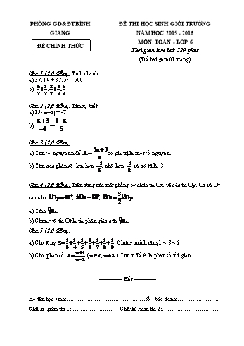 Đề thi học sinh giỏi trường môn Toán Lớp 6 - Năm học 2015-2016 - Phòng GD&ĐT Bình Giang (Có đáp án)