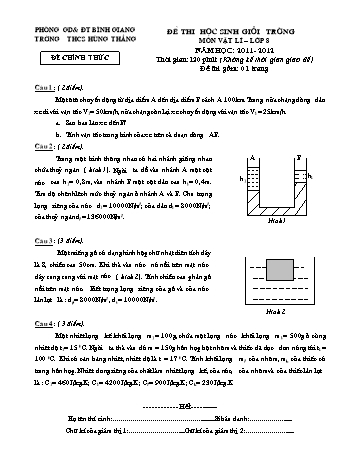 Đề thi học sinh giỏi trường môn Vật lí Lớp 8 - Năm học 2011-2012 - Trường THCS Hùng Thắng (Có đáp án)