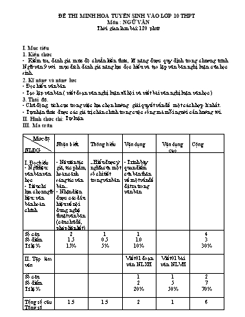 Đề thi minh họa tuyển sinh vào lớp 10 THPT môn Ngữ văn (Có đáp án)