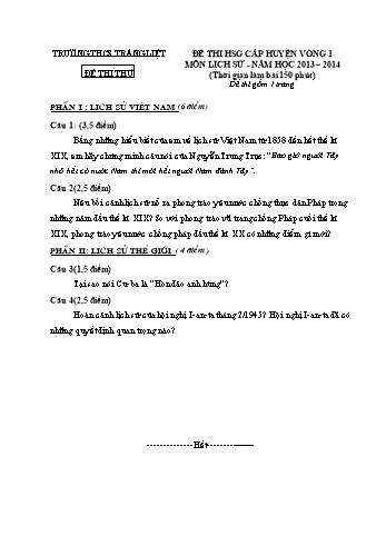 Đề thi thử học sinh giỏi cấp huyện vòng 1 môn Lịch sử Lớp 9 - Năm học 2013-2014 - Trường THCS Tráng Liệt (Kèm hướng dẫn chấm)