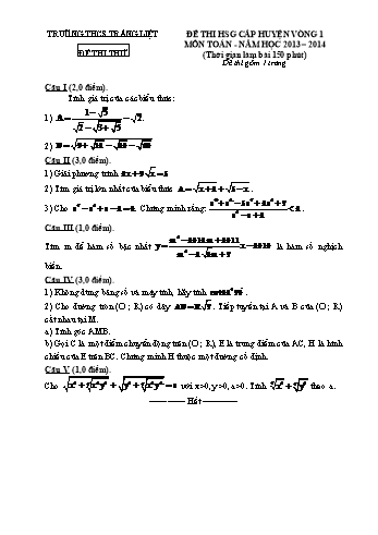 Đề thi thử học sinh giỏi cấp huyện vòng 1 môn Toán Lớp 9 - Năm học 2013-2014 - Trường THCS Tráng Liệt (Có đáp án)