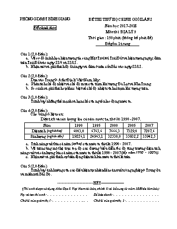 Đề thi thử học sinh giỏi lần 2 môn Địa lý Lớp 9 - Năm học 2017-2018 - Phòng GD&ĐT Bình Giang (Có đáp án và biểu điểm)